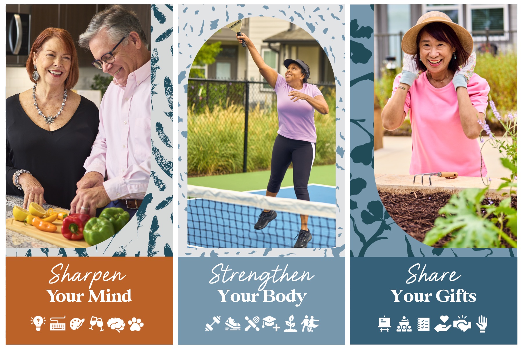 The essence of exceptional living a collage of images of people cooking, gardening, and playing pickleball