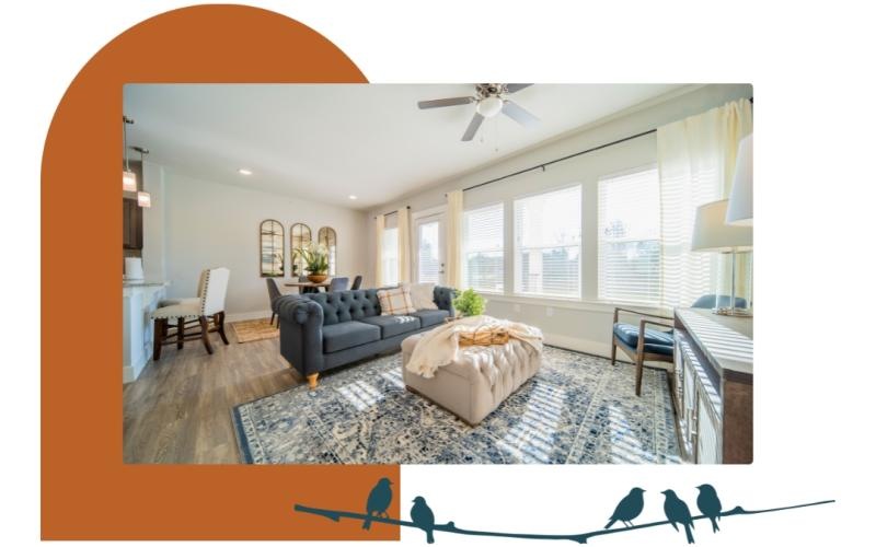 a living room with a large window